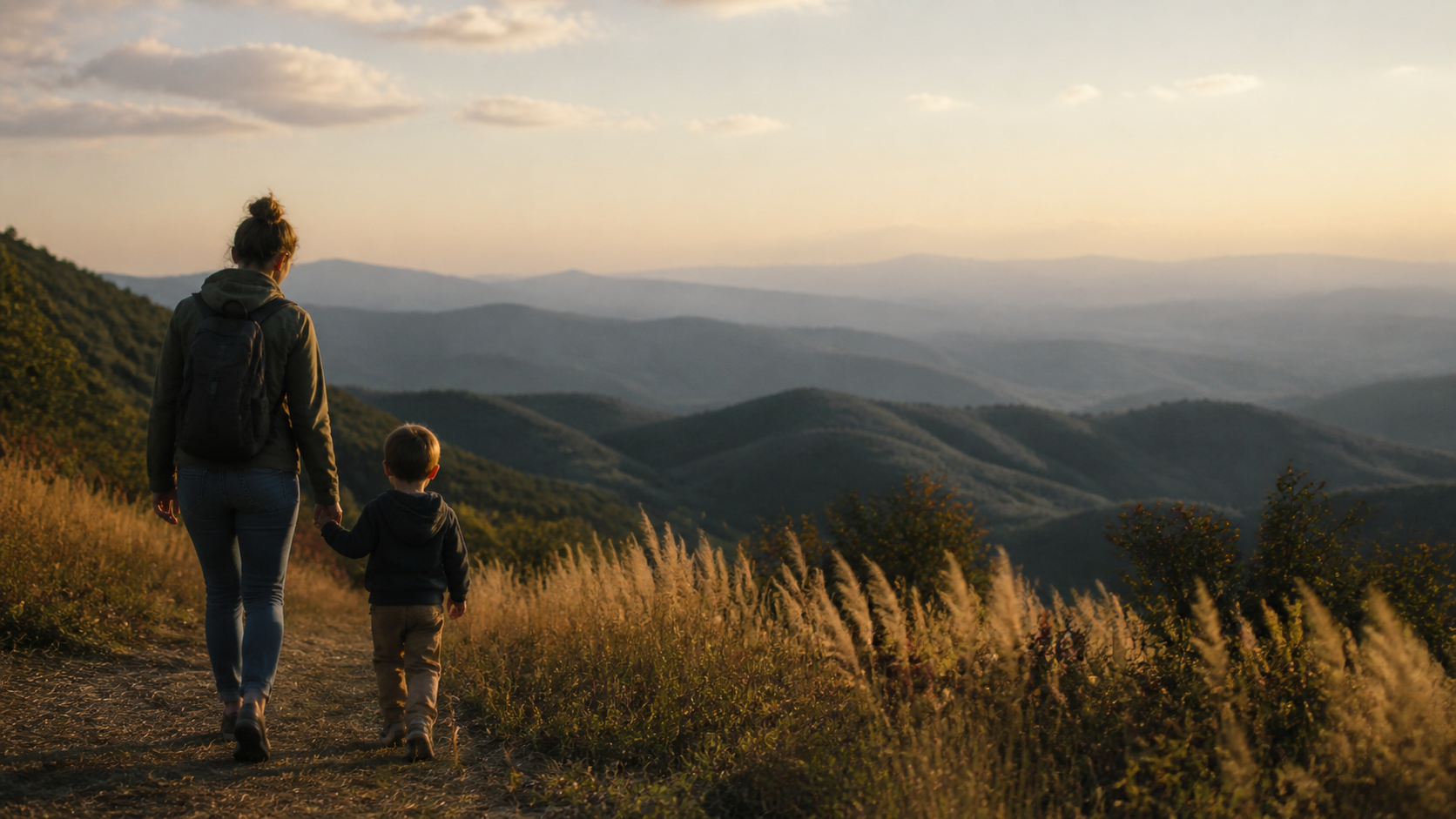 A parent and child walking together through a North Carolina mountain landscape